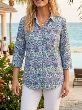Chico’s Linen No Iron 3/4 Sleeve Peacock Print Button Front Blouse 2/L